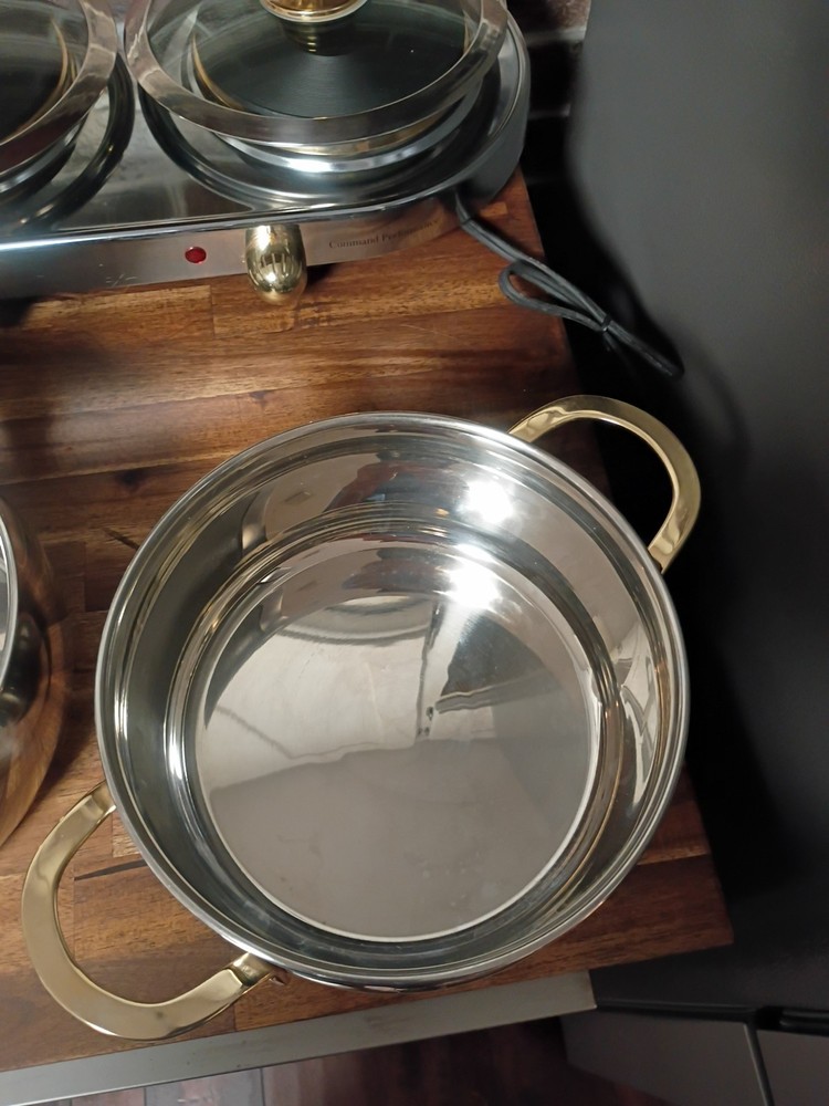 Command Performance Stainless/ Gold Buffet Cookware Set 3 Pots Lids & Warmer