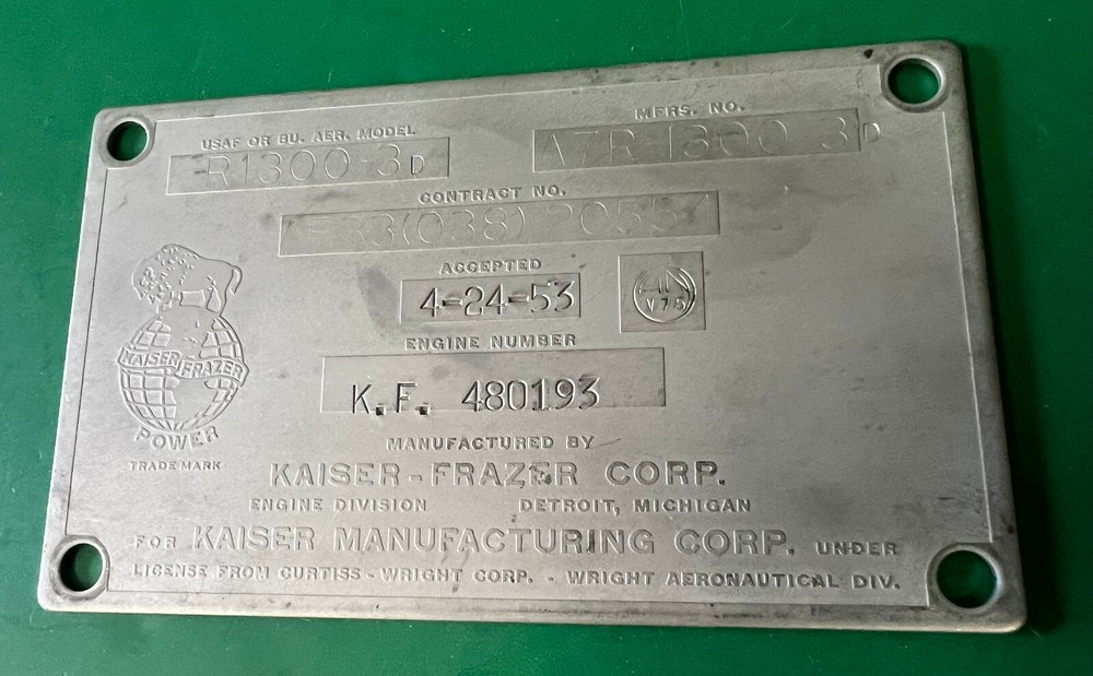 WRIGHT CYCLONE R-1300 ENGINE DATA PLATE – T-28 TROJAN