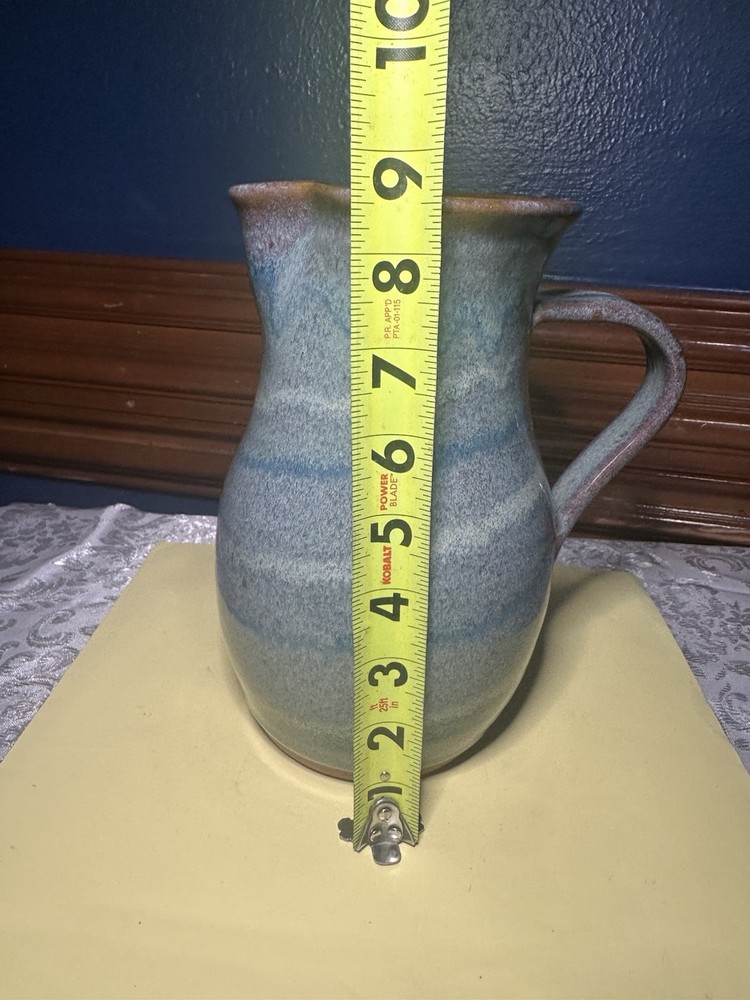 Vintage Stoneware Blue Drip Glazed Pitcher with Handle 9” Tall