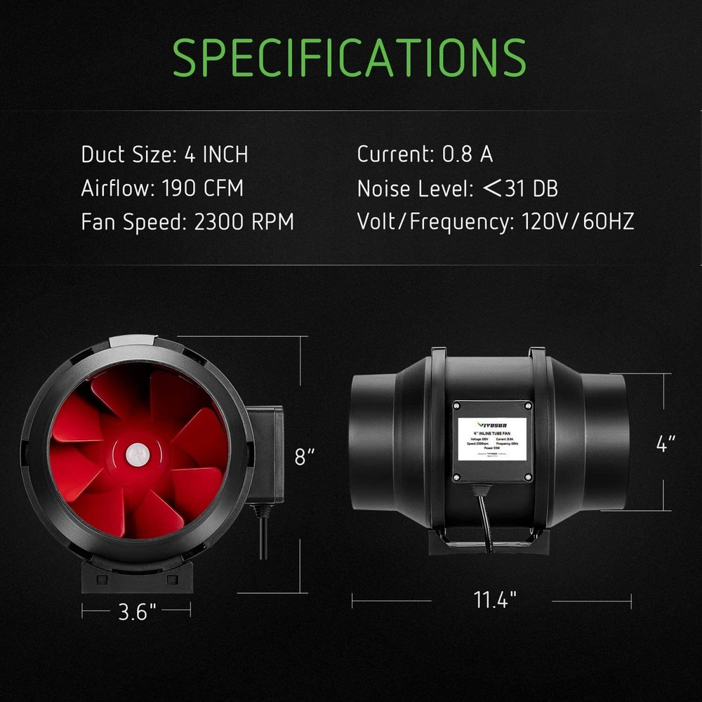 VIVOSUN Inline Duct Fan 4" 190CFM AC Variable Speed Controller HVAC Exhaust Blow