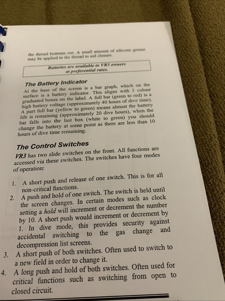 VR3 Scuba Decompression Computer Multi gas Multimode Operators Manual V1.1