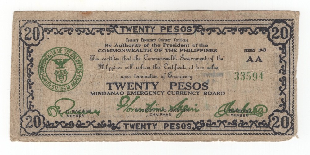 1943 PHILIPPINES, MINDANAO 20 PESOS
