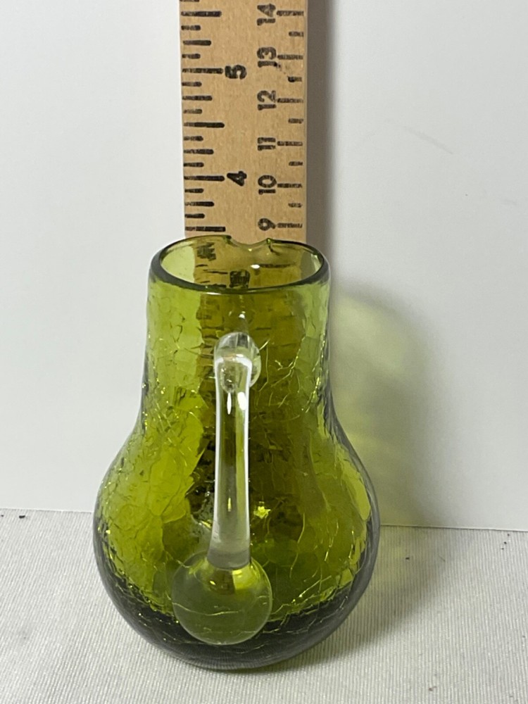 Small green crackle glass pitcher clear handle 3 1/2”