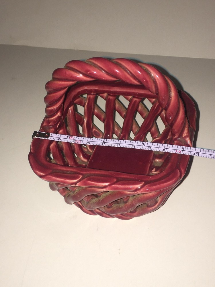 Ceramic 4" Tall Square Red Basket Open Weave Twisted Handle