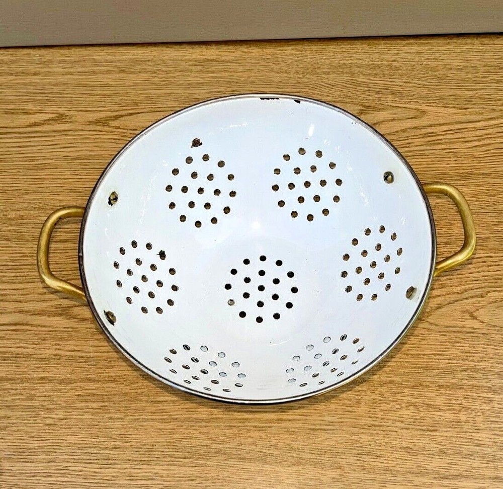 Vintage White Colander Strainer Handles Fruit Cherries Design