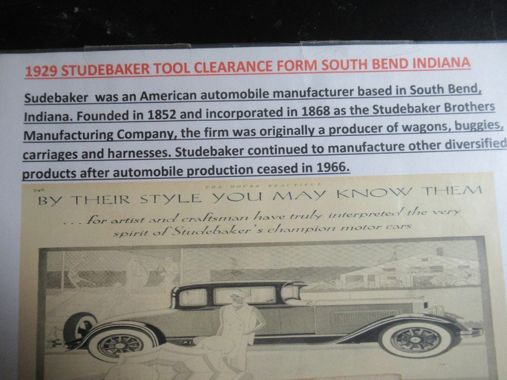 1929 STUDEBAKER TOOL CLEARANCE FORM