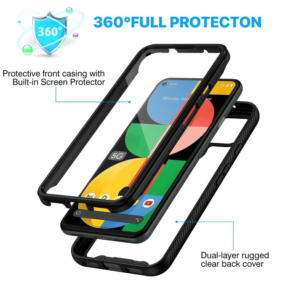 New Google Pixel 5a 5G Case Shockproof Cover with Screen Protector Black