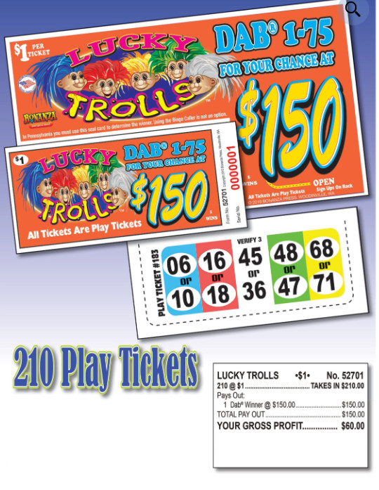 Pull Tab Ticket - Hard Card - Game- 6 Pack - Lucky Trolls - 210 ct ea