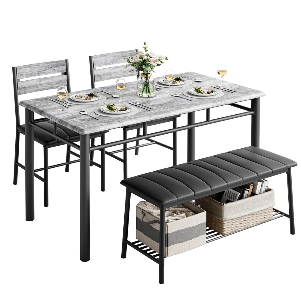 Dining Table Set for 4, Kitchen Table with Upholstered Bench and 2 Chairs, Ki...