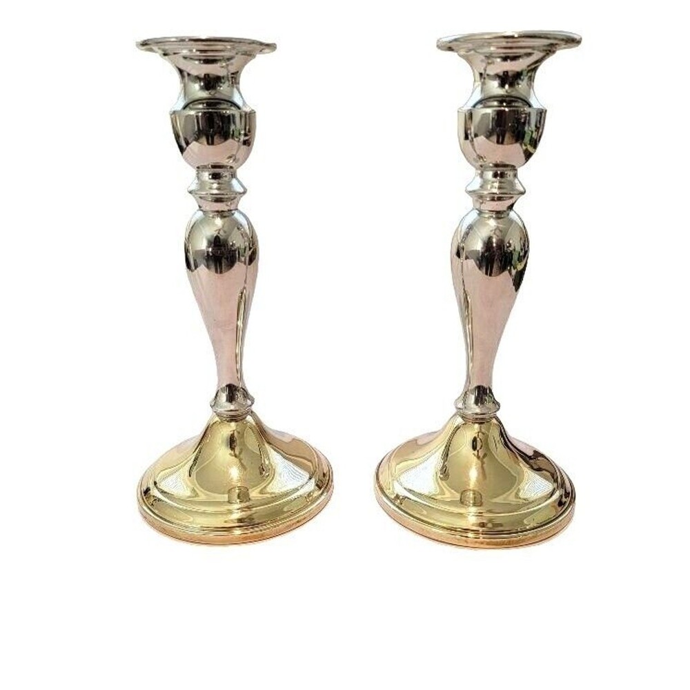 Candlestick Pair Two-tone Silver Brass Web Pewter Weighted Formal Evening