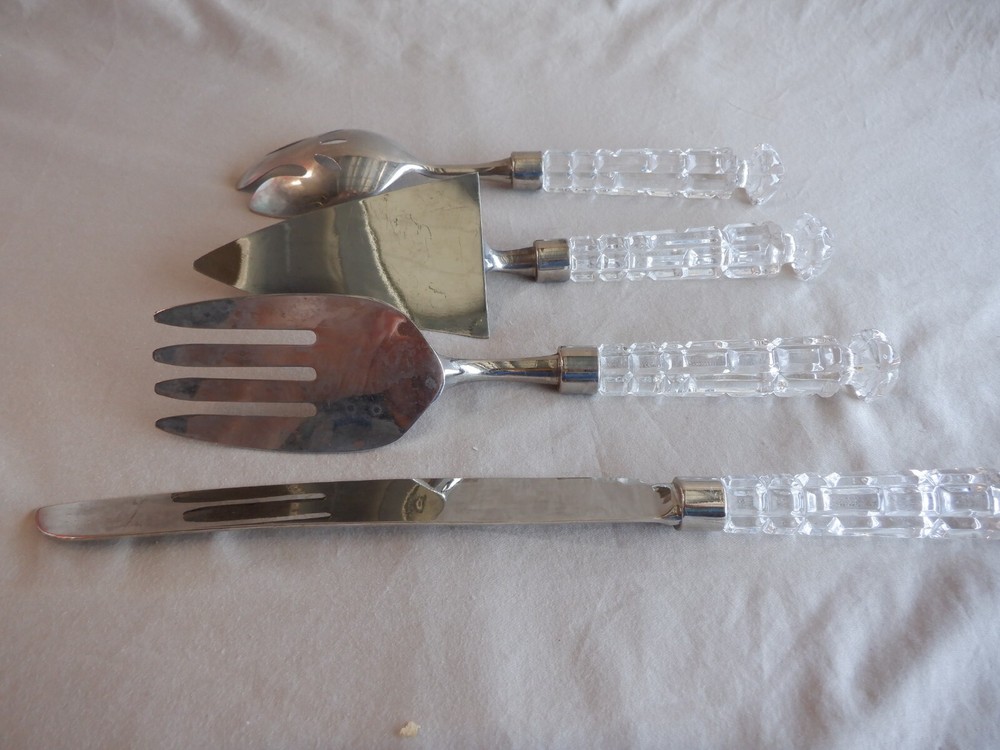 4 Piece Utensil Serving Set Clear Acrylic Handles-Fork Spoon Cake Server, Knife