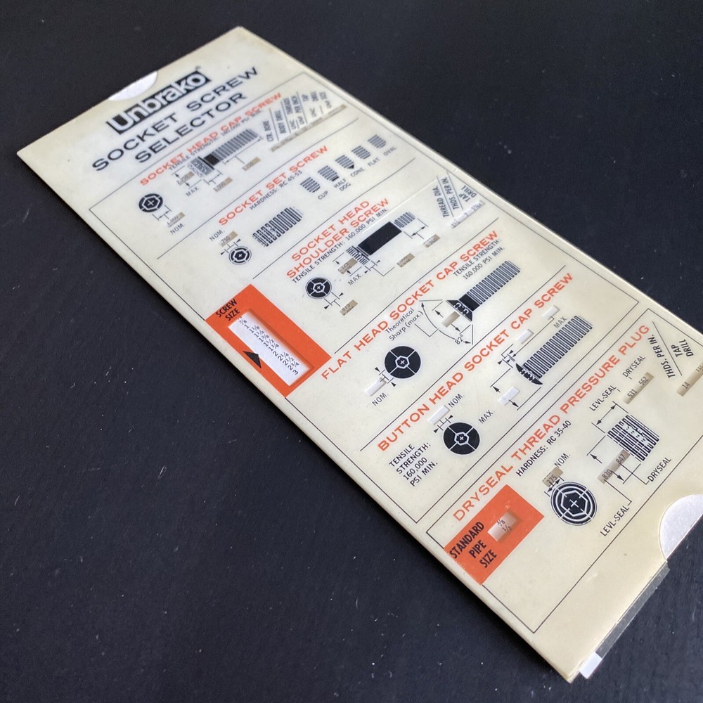 Vintage Unbrako Socket Screw Selector Data Guide Slide Rule - Plastic Sleeve