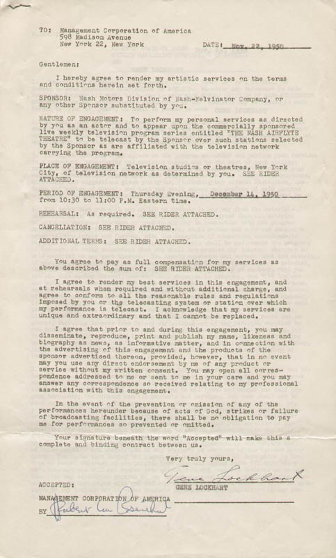 GENE LOCKHART - CONTRACT SIGNED 10/23/1950