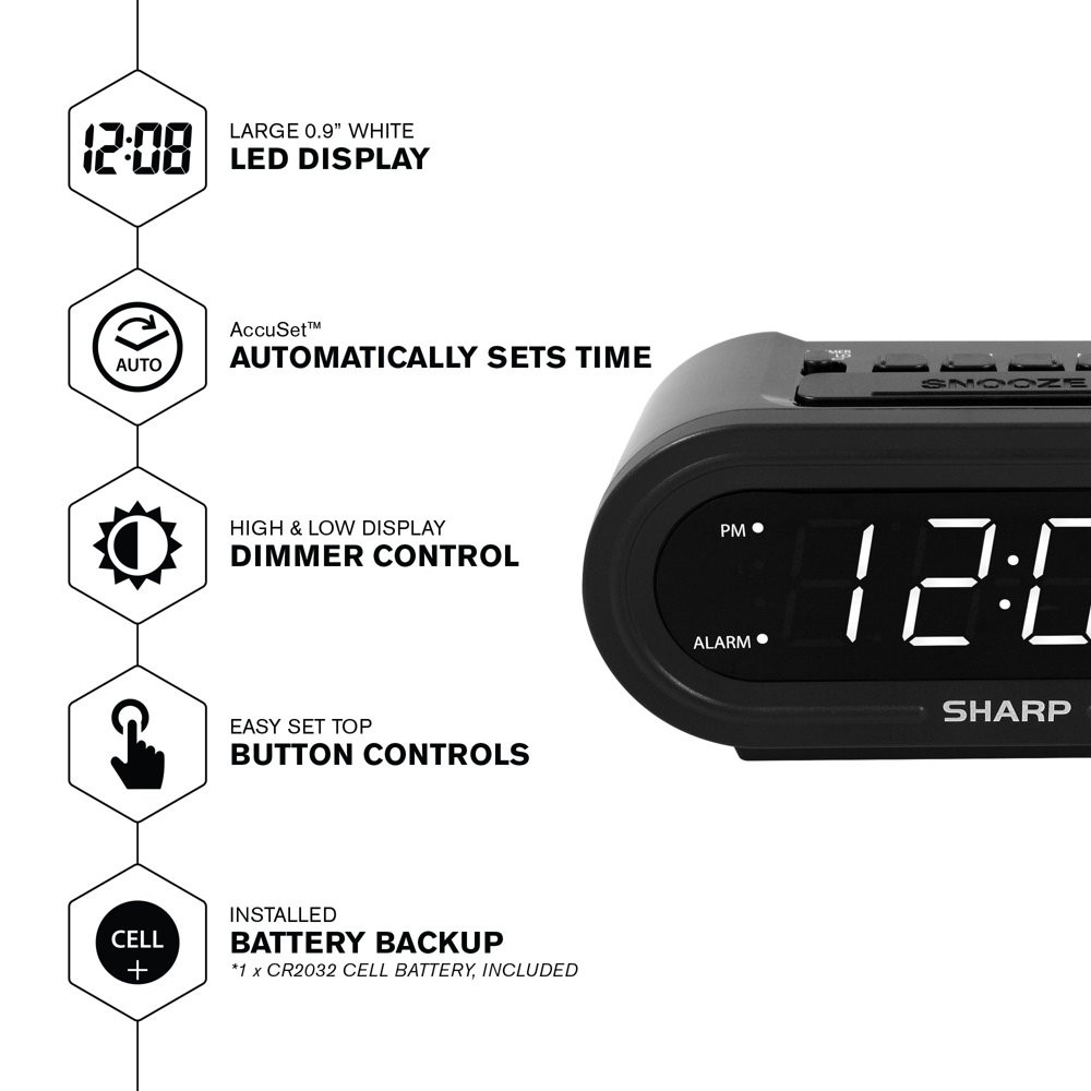 Digital Alarm Clock Accuset Automatic Set 9" White LED Display Elegant