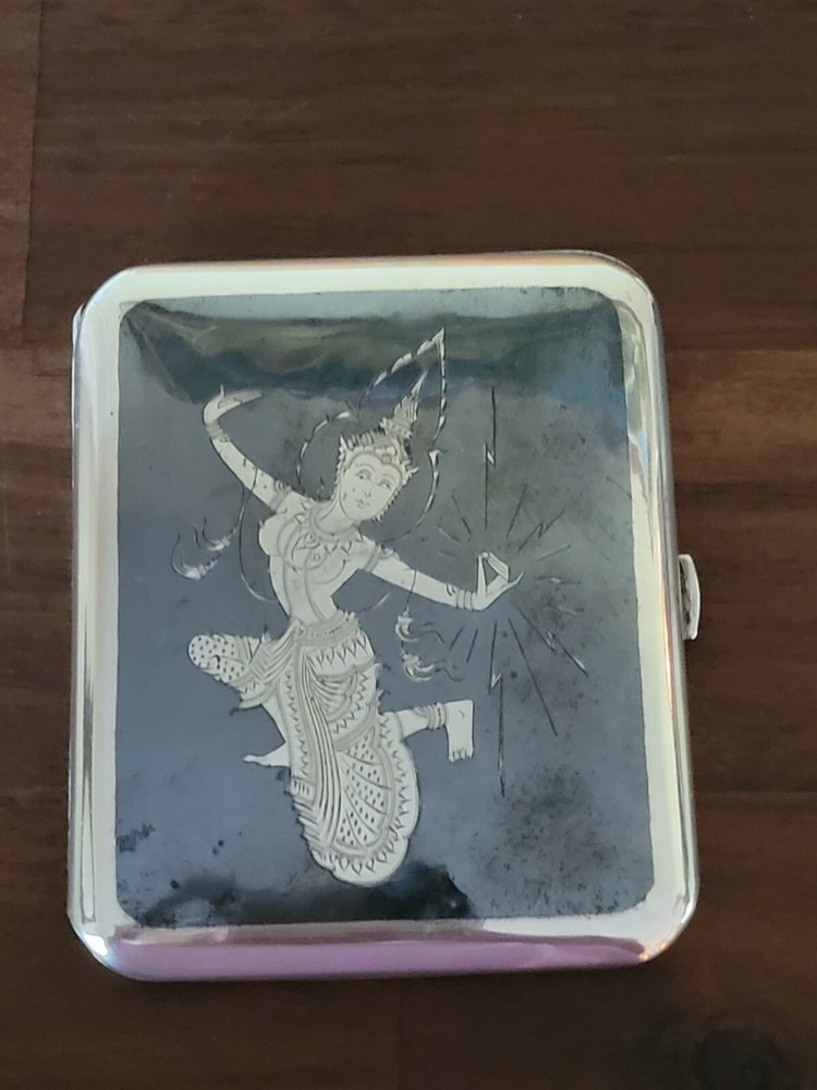 VTG Siam Thailand Solid Sterling Silver & Niello Dancer Etch Cigarette Case