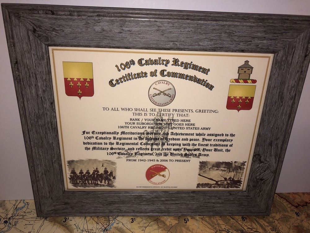 106TH U.S. CAVALRY REGIMENT / COMMEMORATIVE - CERTIFICATE OF COMMENDATION