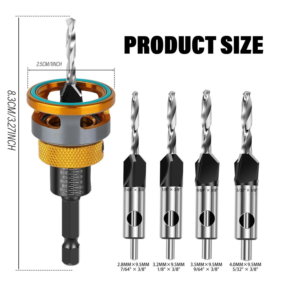 Countersink Drill Bit Set with Depth Stop 4PCS, HCS Four Blades Countersink...