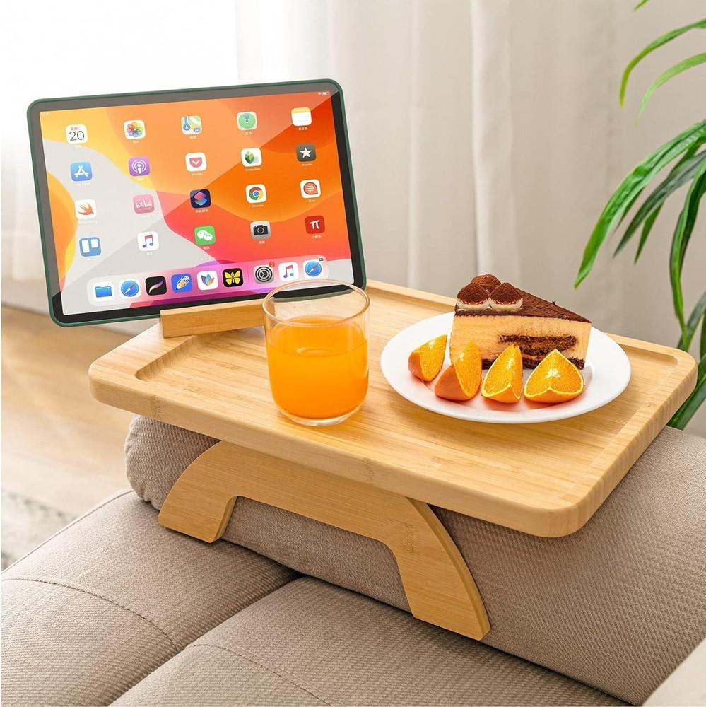 Modern Bamboo Armrest Table for Snacks/Remote, Rectangular