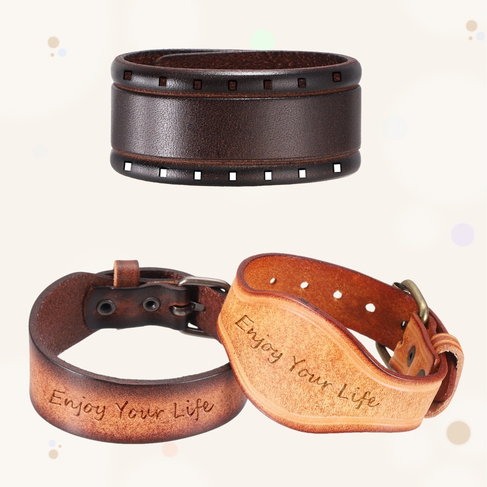 3Pcs Plain Leather Bracelets Buckle Bangle,Brown Black Punk Bracelets