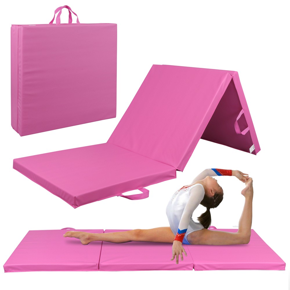 Gymnastic Mat Tri-Fold Folding Thick Exercise Mat Tumbling Gym Mat w/Handle Pink
