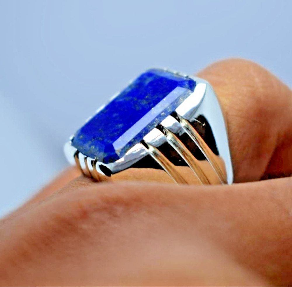 Men's Vintage Lapis Lazuli Ring | Bold Rectangular Blue Gemstone | Sterling Silv