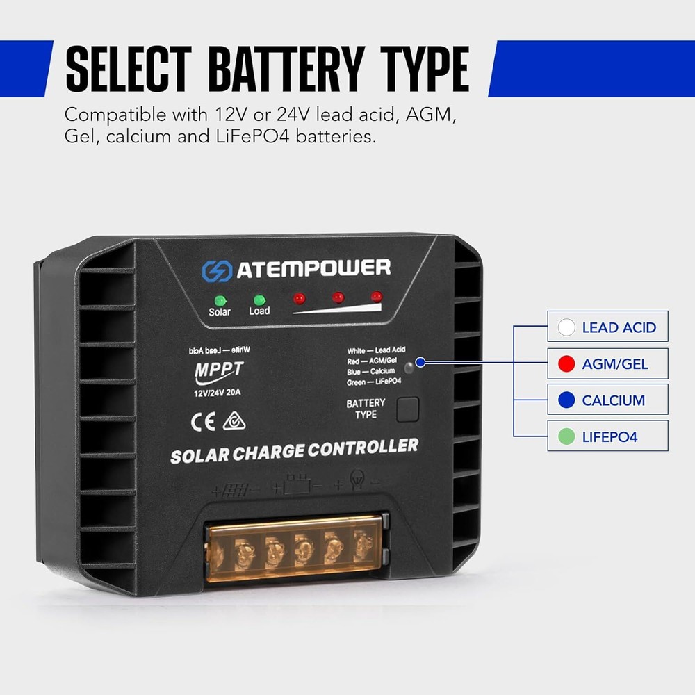 0A 12V/24V MPPT Solar Controller Selecting Battery Type Activate Lithium Battery