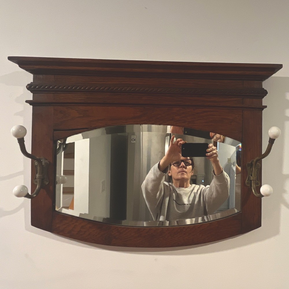 Brown Wood Framed Wall Mounted Rectangle Mirror with Shelf and Hooks