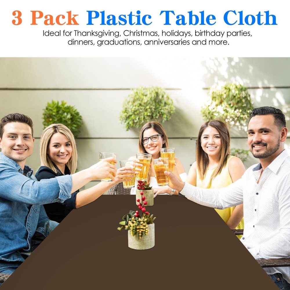 3 Pack Brown Plastic Tablecloth Disposable Rectangular Table Cloth 54 x 108 I...