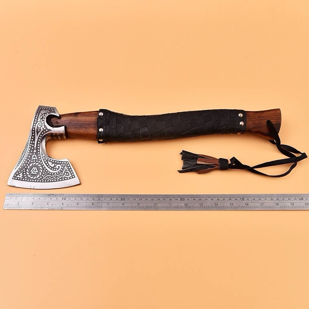 Tomahawk , Hatchet , Axe , Viking Throwing Axe Etching Head Leather Wrap Handle