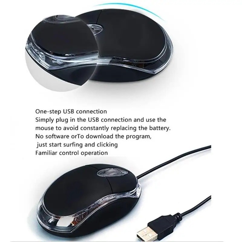 Mini USB Wired Optical Mouse 1000 DPI LED Gaming for PC Laptop Notebook Computer