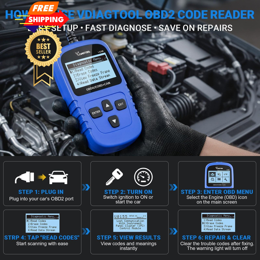 VDIAGTOOL VD10 OBD2 Scanner Code Reader Car Diagnostic Tool Engine Fault Blue