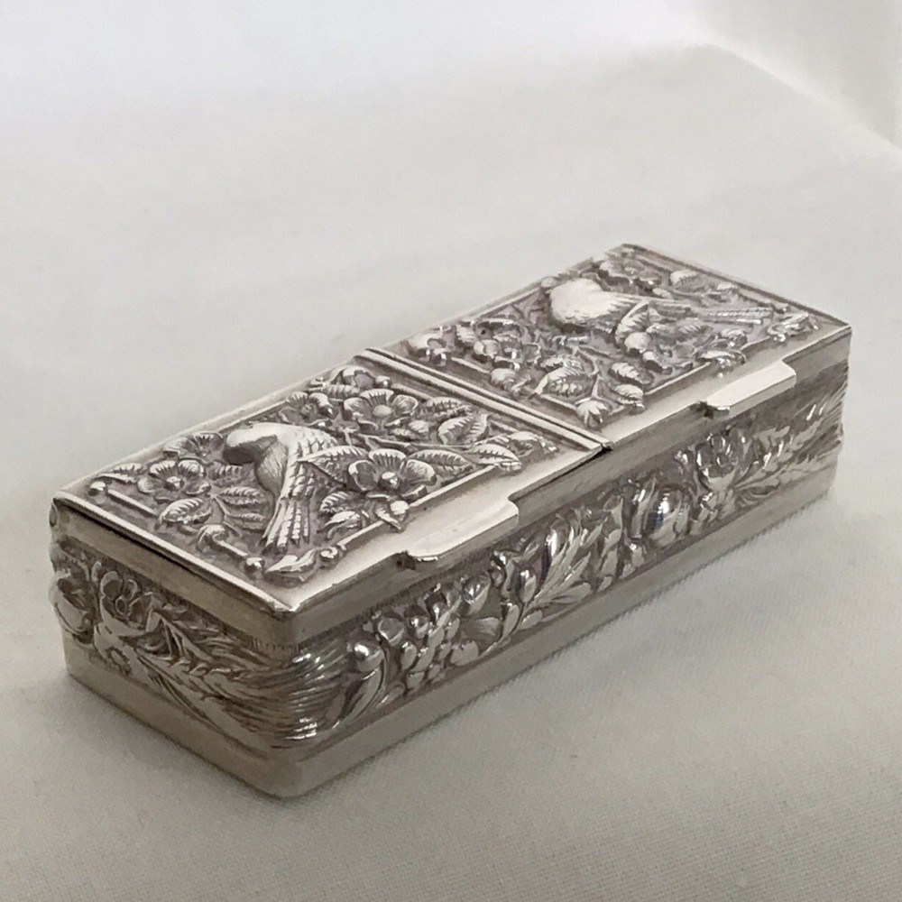 Solid Silver 925 Antique Little Blush Box, Hinged Lid & Two Compartments