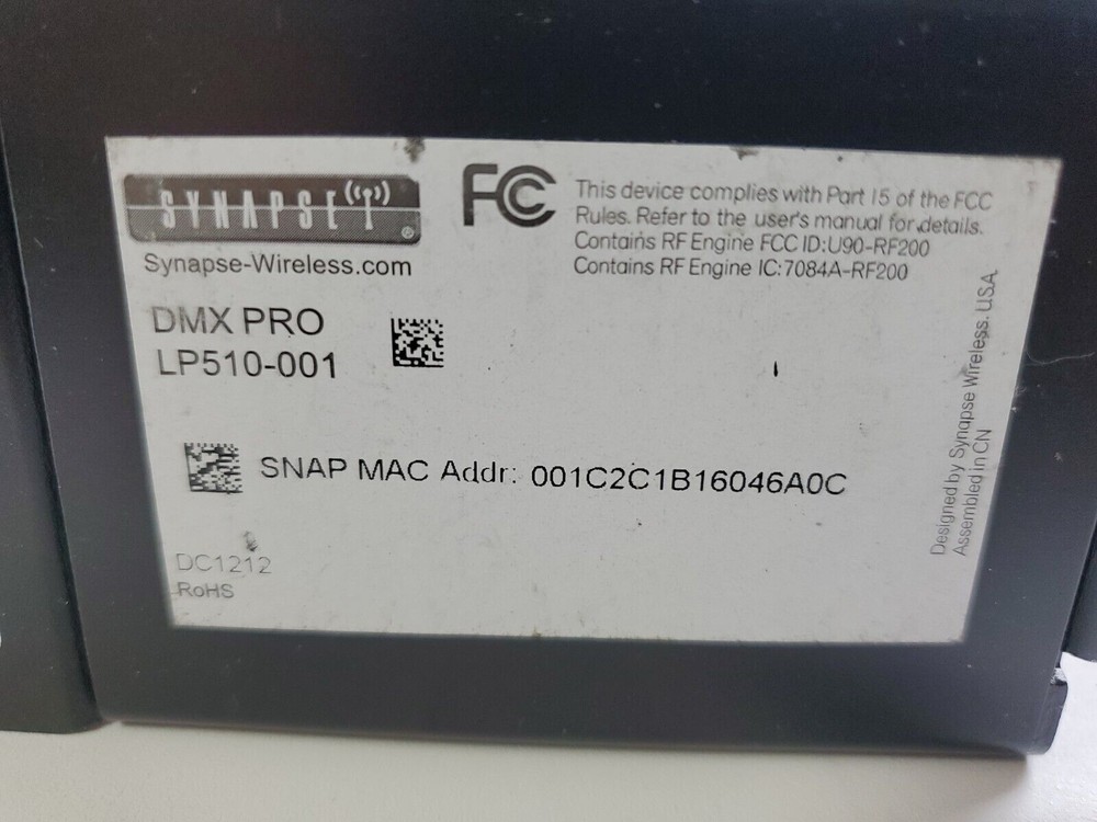 SYNAPSE-WIRELESS DMX-PRO LP510-001 SNAP RECEIVER, TRANSCEIVER, TRANSMITTER,