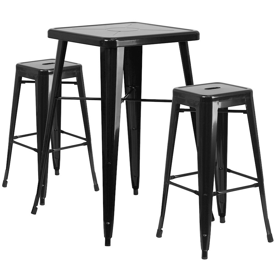 Flash Commercial 23.75" Square Black Metal Bar Table Set, 2 Backless Stools