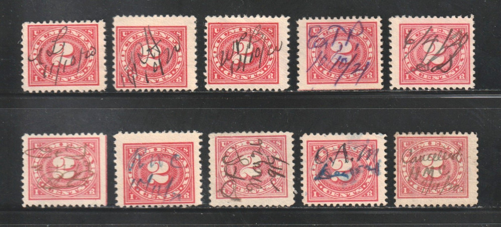 Scott # 229, Used, 2¢ Documentary, Manuscript Cancels, 10 Different