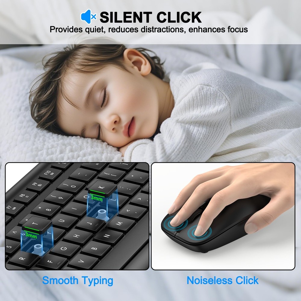 Wireless Keyboard Mouse Combo Full Size Silent Ergonomic Optical 2.4G PC Mac