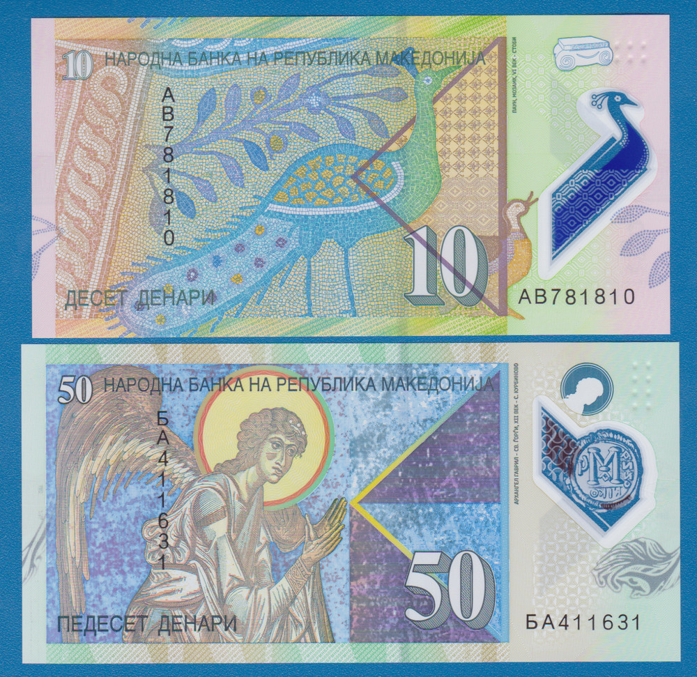 Macedonia 2 Notes, 10 + 50 Denar P 25 + 26 2018 UNC Polymer
