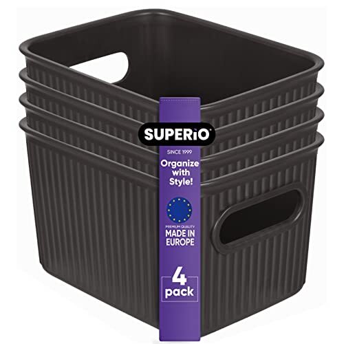 Superio 1.5 L Mini Ribbed Storage Bin- Plastic Storage Basket (Brown, 4 Pack)