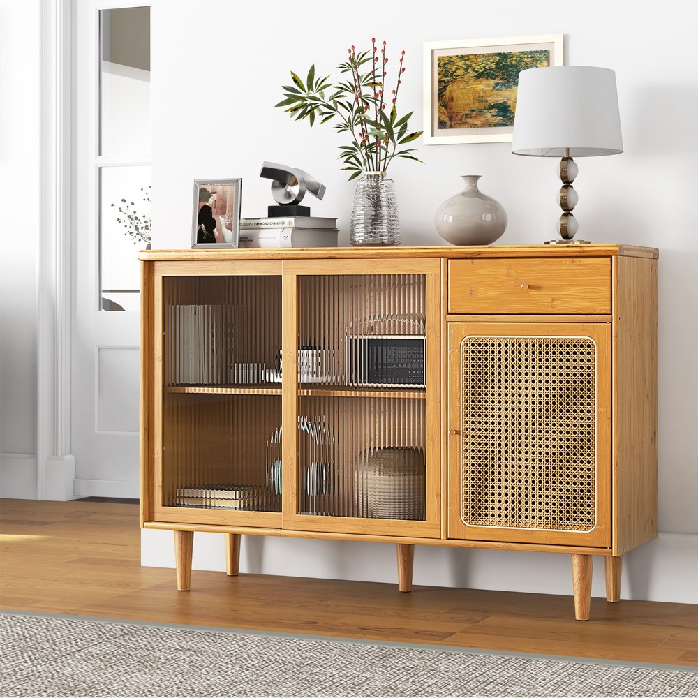 Buffet Sideboard Cabinet Rattan Console Table with Sliding Doors Storage Drawer