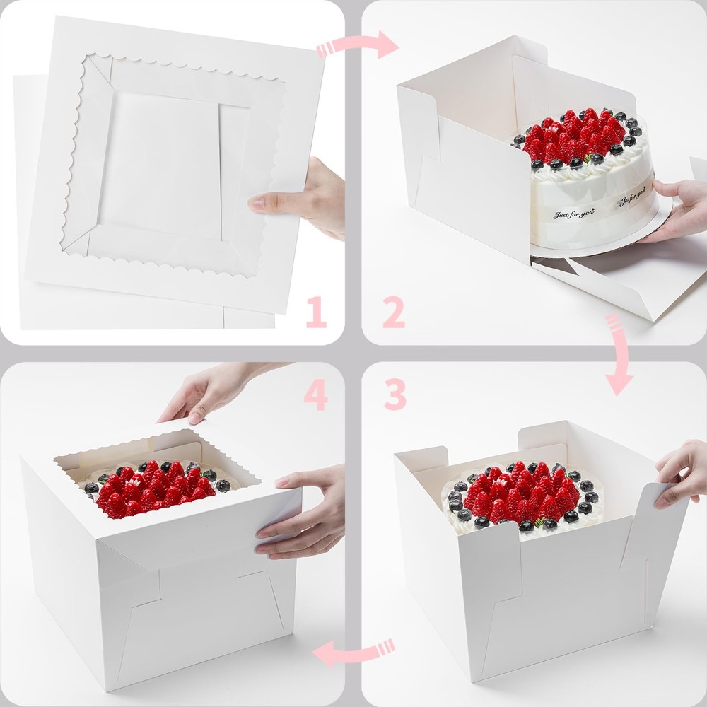 5 Pack Cake Boxes 12 Inch, White Square Cake Boxes with Cake Boards, Disposab...