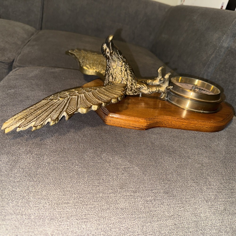 Vintage Brass Quartz Ship's Clock With Solid Brass Eagle 18” X 17”