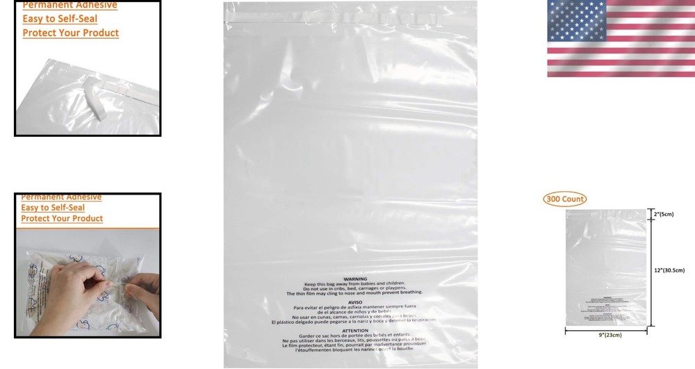300 Count 9x12 Clear Self-Seal Poly Bags with Suffocation Warning - Durable, ...