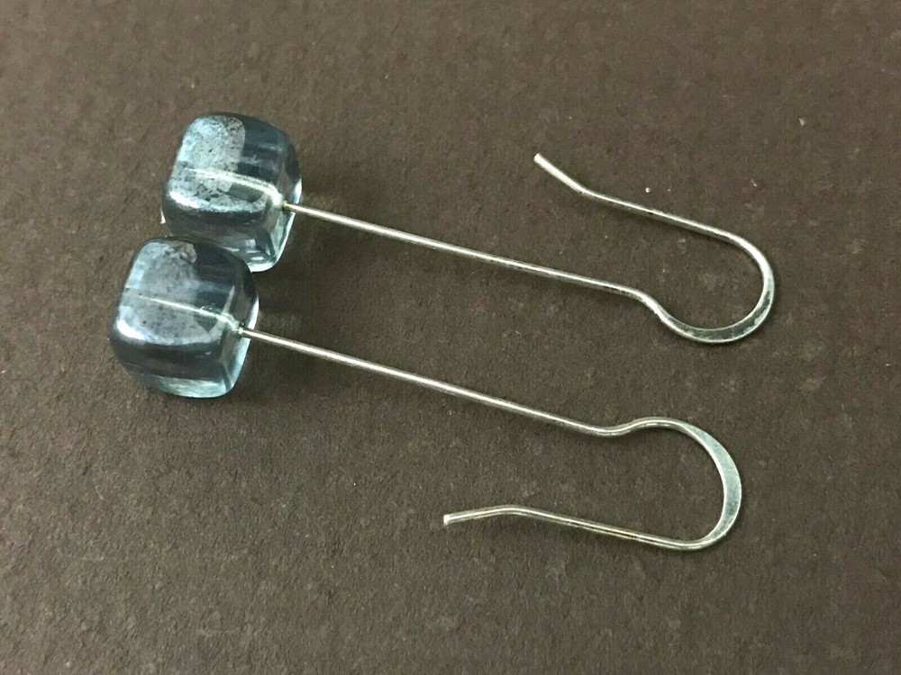 Unique Wired Light Blue Glass Cube Beads Silver Tone Dangle Pierced Earrings