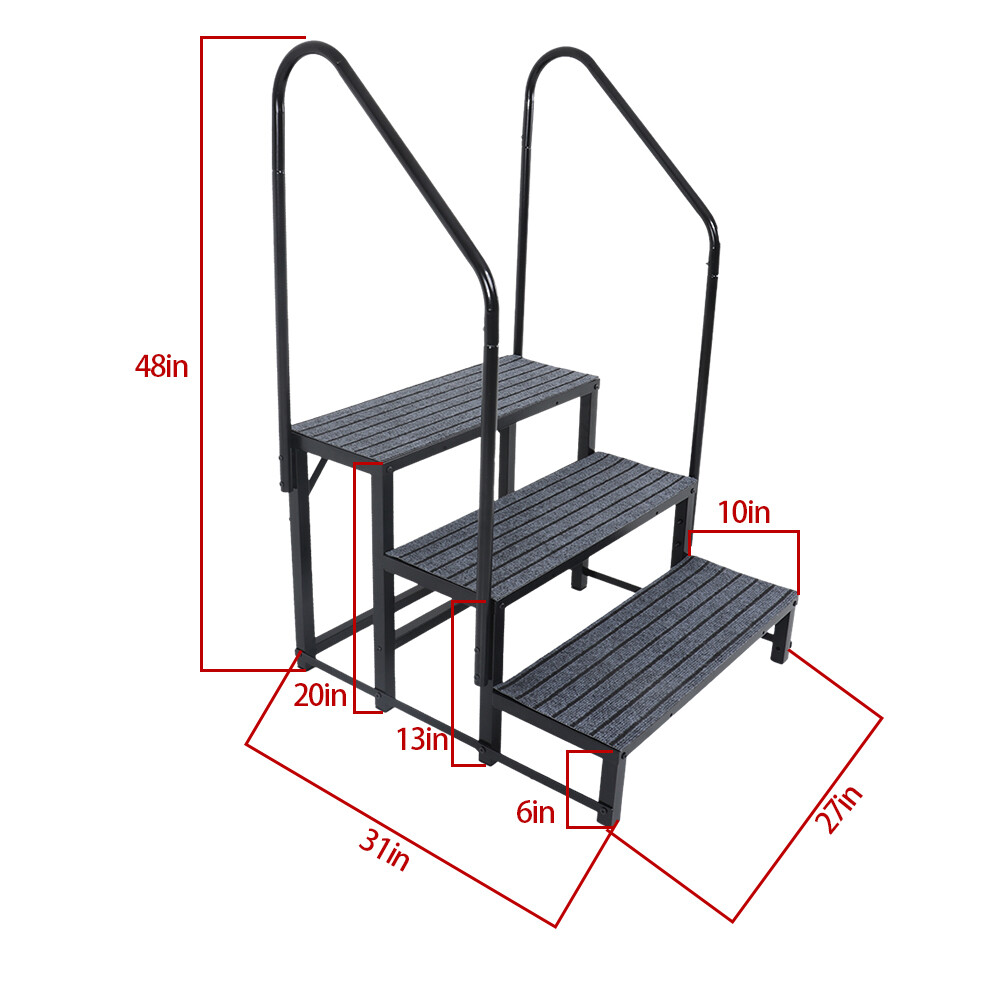 3 Step RV Steps with 2 Handrails w/Step Mat 660 lbs Load Capacity Hot Tub Steps