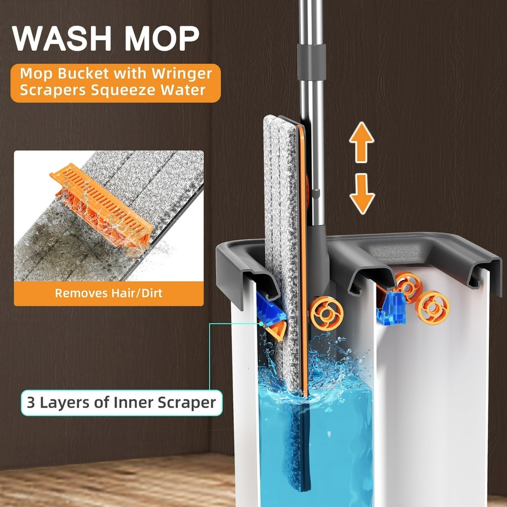 61" Flat Mop and Bucket System with 4 Microfiber Pads - Floor Wall Window Mop