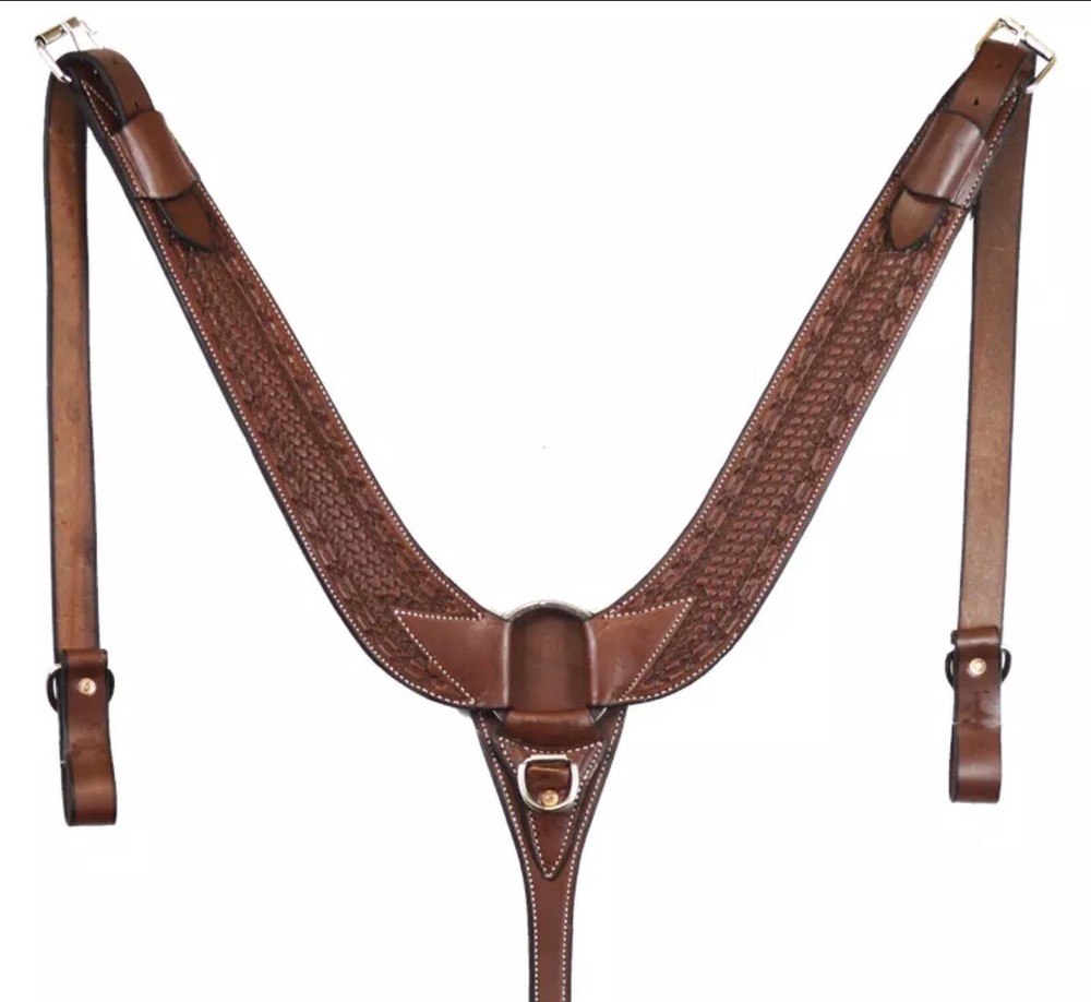 Western Brown Leather Barbed Wire Hand Tooled Pulling Breast Collar