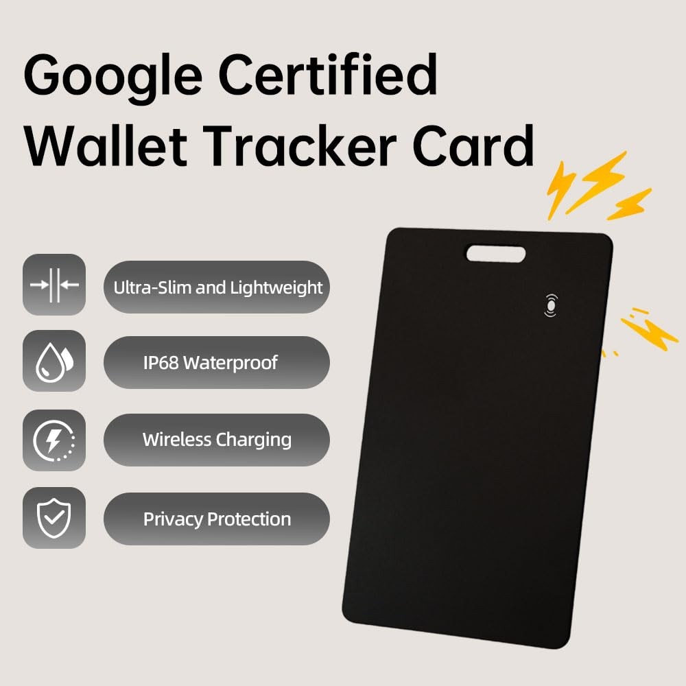 IP68 Waterproof Wallet Tracker Card for Android, Wireless Rechargeable BLACK
