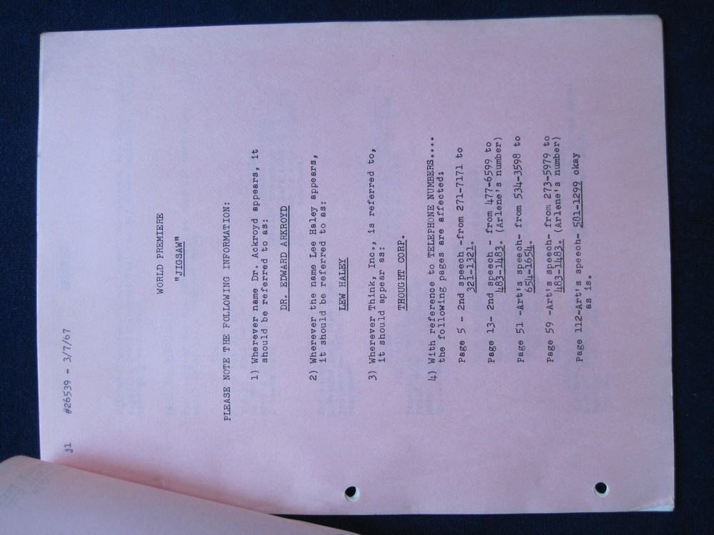 ORIGINAL Film SCRIPT for JIGSAW - BRADFORD DILLMAN'S Copy with His Notes