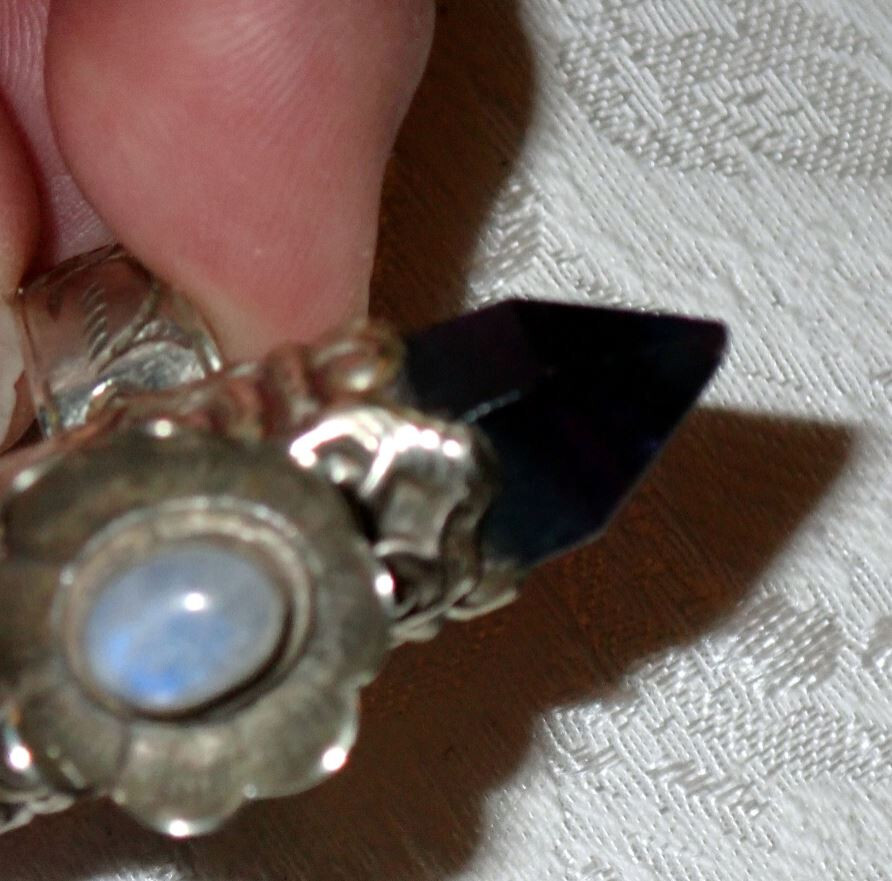 Purple Fluorite double point Ring with Moonstone adjustable