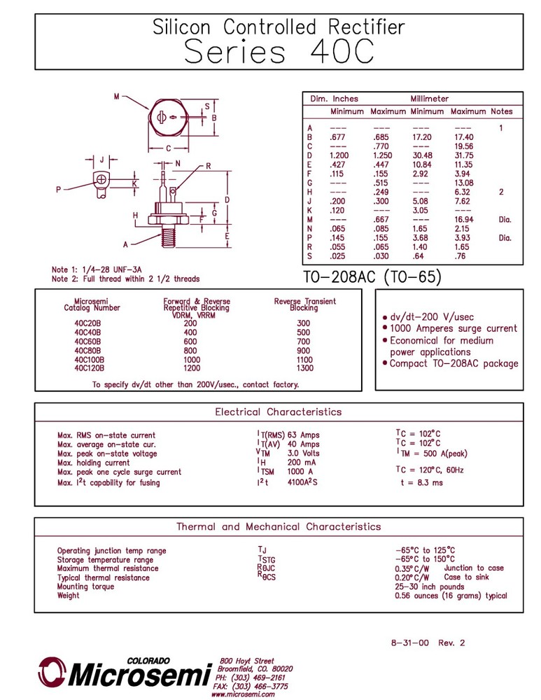 Microsemi 40C20B SCR - 200V - 63A - 1/4-28 Stud – Silicone Controlled Rectifier